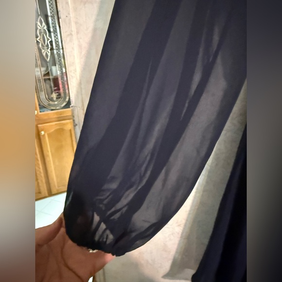 ASOS Navy Long Sheer Sleeve V-Neck Dress with Pearl-Embellished Shoulders, Flowy - Picture 2 of 8